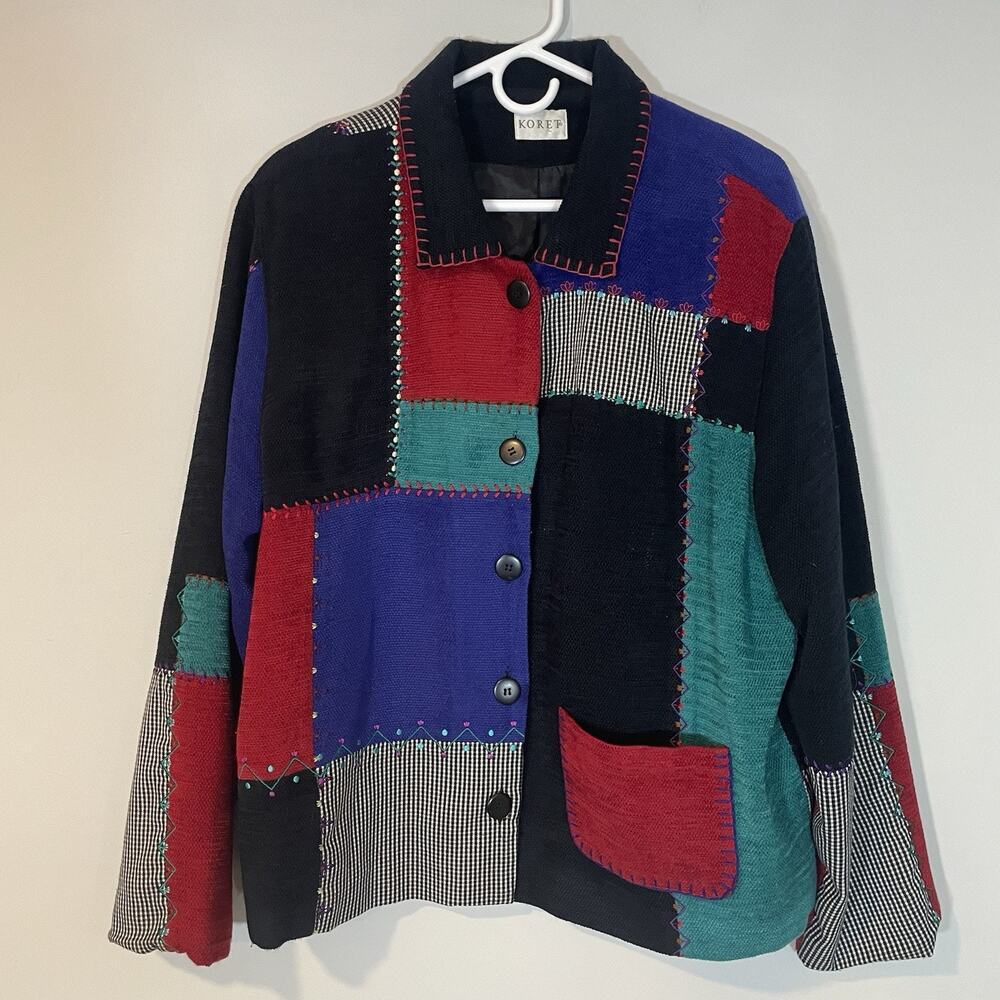 Koret Jacket Women's‎ 16W Patchwork Button Front Collared Shoulder Pads Cottage